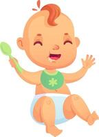 Cute little baby wearing a diaper and bib, happily holding a spoon, drooling while waving and smiling, sitting cheerfully against a clean white background vector
