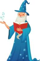 Old wizard with long white beard and blue wizard hat and robe casting a magic spell with his hand while reading a spell from a red magic book vector