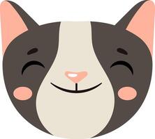 Adorable cartoon cat face with a big smile and rosy cheeks. The design features a simple, cute style with a neutral color palette, perfect for children's illustrations or playful designs vector