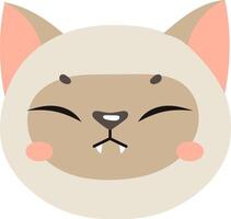 Adorable cartoon style cat face with prominent fangs and rosy cheeks, featuring a playful expression. The simplistic design highlights the charming and whimsical nature of the character vector