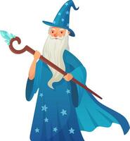 Cartoon wizard dressed in a vibrant blue robe and hat, holding a magical staff topped with a shimmering crystal, casting a powerful spell in a whimsical fantasy illustration vector