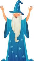 Old kind wizard with long white beard wearing blue robe and magician hat with stars raising hands in cheerful greeting gesture standing on white background vector
