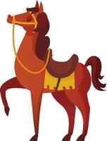 Cartoon illustration of a brown horse with a saddle and bridle standing on a white background, ready for riding, conveying a sense of pride and elegance vector