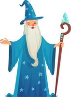 Old wizard with a long white beard and a blue hat adorned with stars, holding a magical staff topped with a crystal, casting an enchanting spell against a white background vector