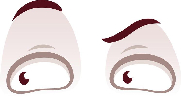 Cartoon eyes expressing confusion and suspicion, featuring one eye with a raised eyebrow, capturing emotions of doubt, uncertainty, and skepticism in a playful manner