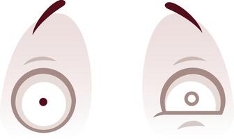 Two egg shaped cartoon eyes are presented on a white background, one with a focused pupil and raised eyebrow, the other with a suspicious or worried expression and slightly squinted vector