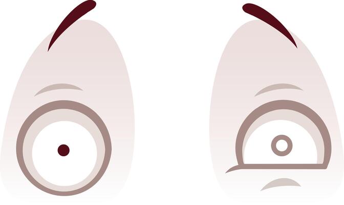 Two egg shaped cartoon eyes are presented on a white background, one with a focused pupil and raised eyebrow, the other with a suspicious or worried expression and slightly squinted