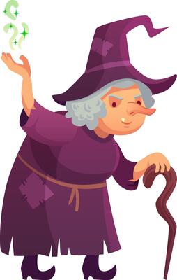 Cartoon illustration featuring an old Halloween witch dressed in a vibrant purple gown and matching hat, casting a magical spell with her wand and hand amidst swirling green smoke