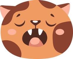 Cute cartoon style cat yawning with eyes closed, showing a sleepy expression. The orange and brown feline features prominent whiskers and a round face, conveying relaxation and tiredness vector