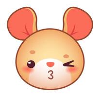 Adorable cartoon mouse blowing a kiss with a kawaii expression, featuring rosy cheeks and closed eyes, conveying affection and charm in a playful, whimsical style vector