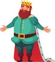 Cartoon illustration featuring a cheerful king, adorned with a golden crown, dressed in vibrant green attire and a striking red cape, standing with open arms in a welcoming gesture vector