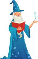 Old wizard with long white beard wearing blue magic robe and hat decorated with stars is reading spellbook and casting magic spell with his hand vector