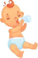 Cute baby with red hair and closed eyes, sitting in a diaper and happily drinking milk from a bottle, enjoying a moment of nourishment against a clean white background vector