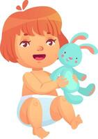 Happy baby sitting and hugging soft toy rabbit, wearing diaper, isolated on white background, childcare and parenthood, happy childhood concept vector