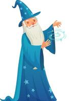 Old wizard wearing a blue magic hat and cloak decorated with stars is casting a spell using his hands and a magic wand, creating a vortex of glowing magical energy vector
