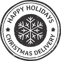 Round, grunge style rubber stamp featuring the text Happy Holidays alongside a festive snowflake icon, creating a cheerful winter themed illustration perfect for Christmas delivery vector