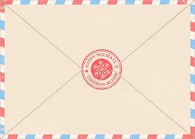 Closed christmas delivery air mail envelope with happy holidays postmark showing snowflake and red and blue striped border is waiting to be sent vector