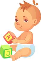 Cute baby wearing diaper sitting and playing with alphabet blocks, learning letters and developing fine motor skills, educational toys for infants vector