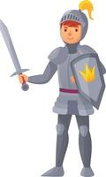 Cartoon illustration featuring a medieval knight clad in shining armor, confidently holding a sword and shield, adorned with a regal crown against a clean white background vector