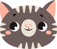 Cute cartoon cat face with big eyes and a friendly smile. Features include gray fur, pink ears, and rosy cheeks. Perfect for children's illustrations and playful designs vector