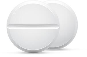 Two white round pills with a score line are lying on a white background, creating a simple yet effective representation of medicine and healthcare vector