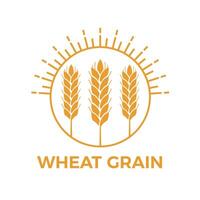 Stylized illustration of three ears of wheat growing under a shining sun, forming a circular emblem representing agriculture, farming, and the food industry vector