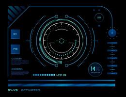 Futuristic head up display is showing progress, code information, radar and different metrics, with a dark background and glowing blue and white elements vector