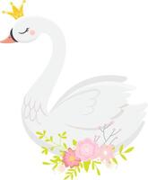 Cute illustration of a majestic white swan wearing a golden crown and surrounded by pink flowers and green leaves, creating a dreamy and elegant atmosphere vector