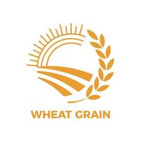Stylized circular icon representing a wheat field under a shining sun, with grain stalks forming a decorative frame, symbolizing agriculture, farming, and the production of wheat grain vector