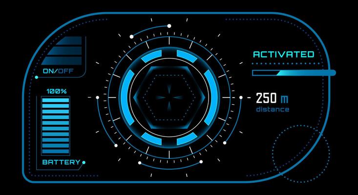 Futuristic blue circular hud on a black background showing battery status, distance and activation status, perfect for games or futuristic interfaces
