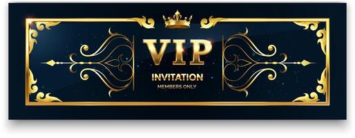 Elegant golden frame with crown and floral ornaments on dark blue background announcing a VIP invitation for members only, perfect for luxury events and exclusive parties vector