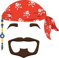 Cartoon illustration featuring a cheerful pirate with a red bandana adorned with skulls and crossbones, sporting a mustache and vibrant beads, radiating joy and adventure vector