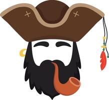 Portrait of a cartoon pirate captain enjoying his pipe with closed eyes, wearing a tricorne hat with feathers and beads, and a gold earring vector