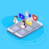 Connecting business people on smartphones through various online platforms, engaging with followers and building an online presence in social media marketing vector