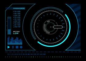 Futuristic heads up display with a circular interface, displaying passwords, low battery warning and processing data, creating a technological and futuristic atmosphere vector