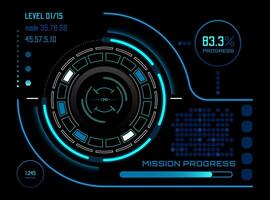 Futuristic head up display - HUD - interface with glowing neon elements, showing mission progress, level information, mode, and distance data on a dark background vector