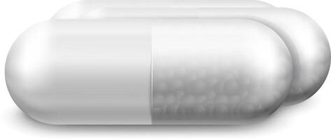 Two white medical capsules filled with granules rest on a pristine white background, symbolizing essential elements of medicine, healthcare, and effective treatment options vector