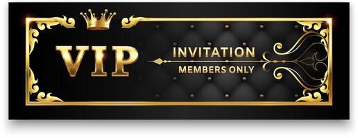 Luxurious black and gold VIP invitation banner with crown, elegant decorations, and quilted pattern, inviting members only to an exclusive event vector
