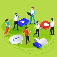 Social media marketing specialists using smartphones are interacting with like, comment, play and heart symbols and icons, working together to improve online presence and engagement vector