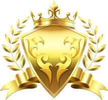 Luxurious golden shield adorned with a crown, elegant laurel wreath, and flowing ribbon, representing prestige, exclusivity, and exceptional quality in a refined design vector