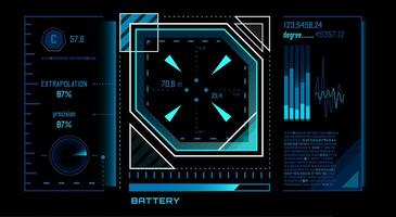 Futuristic heads up display - HUD - featuring glowing blue and white lines and numbers, showcasing target coordinates, precision percentages, battery levels, and other data on a black background vector