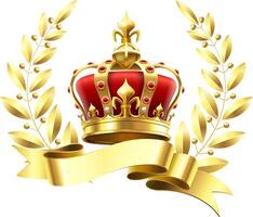 Luxurious golden royal crown adorned with rich red velvet, sparkling gemstones, and an elegant golden laurel wreath, framing a golden ribbon offering ample copy space for text vector