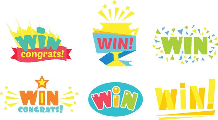Set of stickers of Win lettering in different ways cartoon illustration