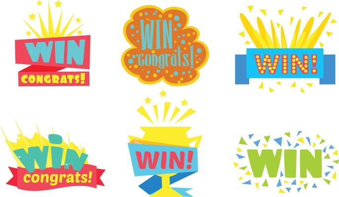 Set of stickers of Win lettering in different ways cartoon illustration
