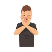 Boy is on the back of the palms on his face and saying something cartoon illustration vector