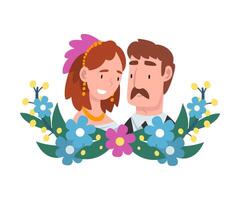 Portrait of bride and groom standing behind a wreath cartoon illustration vector