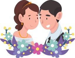 Portrait of bride and groom standing behind a wreath cartoon illustration vector