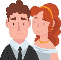 Portrait of bride and groom standing behind a wreath cartoon illustration vector