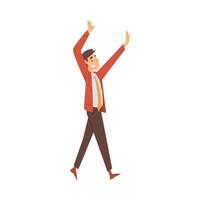 Man in office clothes joyfully goes and waves hands cartoon illustration vector