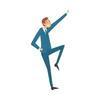 Man in office clothes joyfully runs hand up cartoon illustration vector